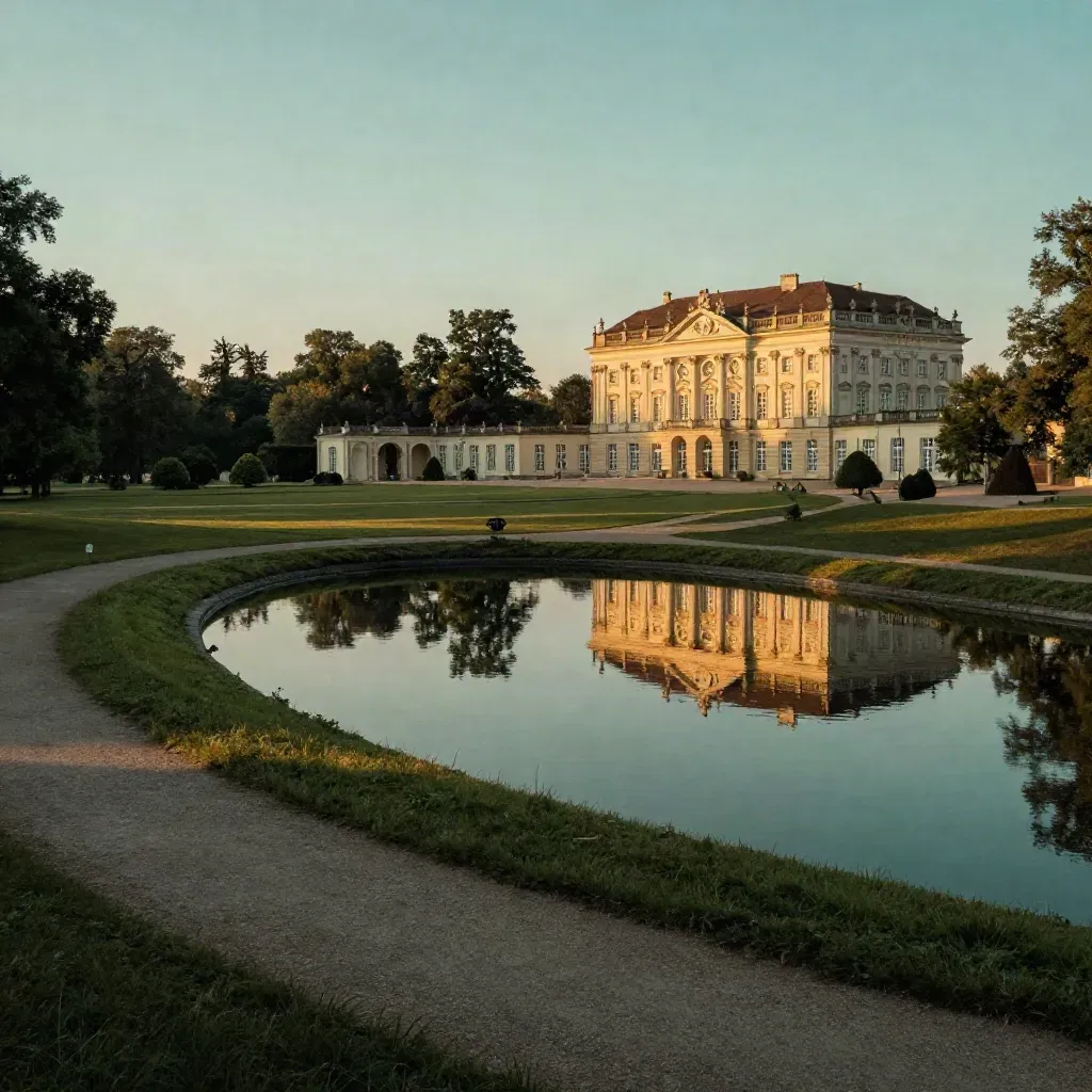 Sanssouci-Palast über stiller Wiese und Wasser im warmen Abendlicht, mit freiem Raum unten