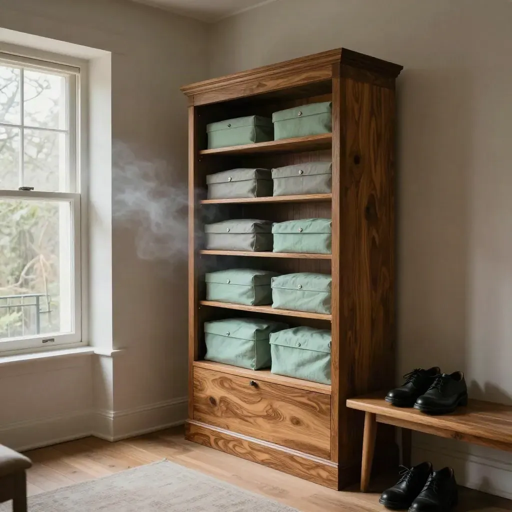 Einbauschrank mit Leinenboxen, Schuhen und Bank im Altbau-Schlafzimmer nach Sommerregen.