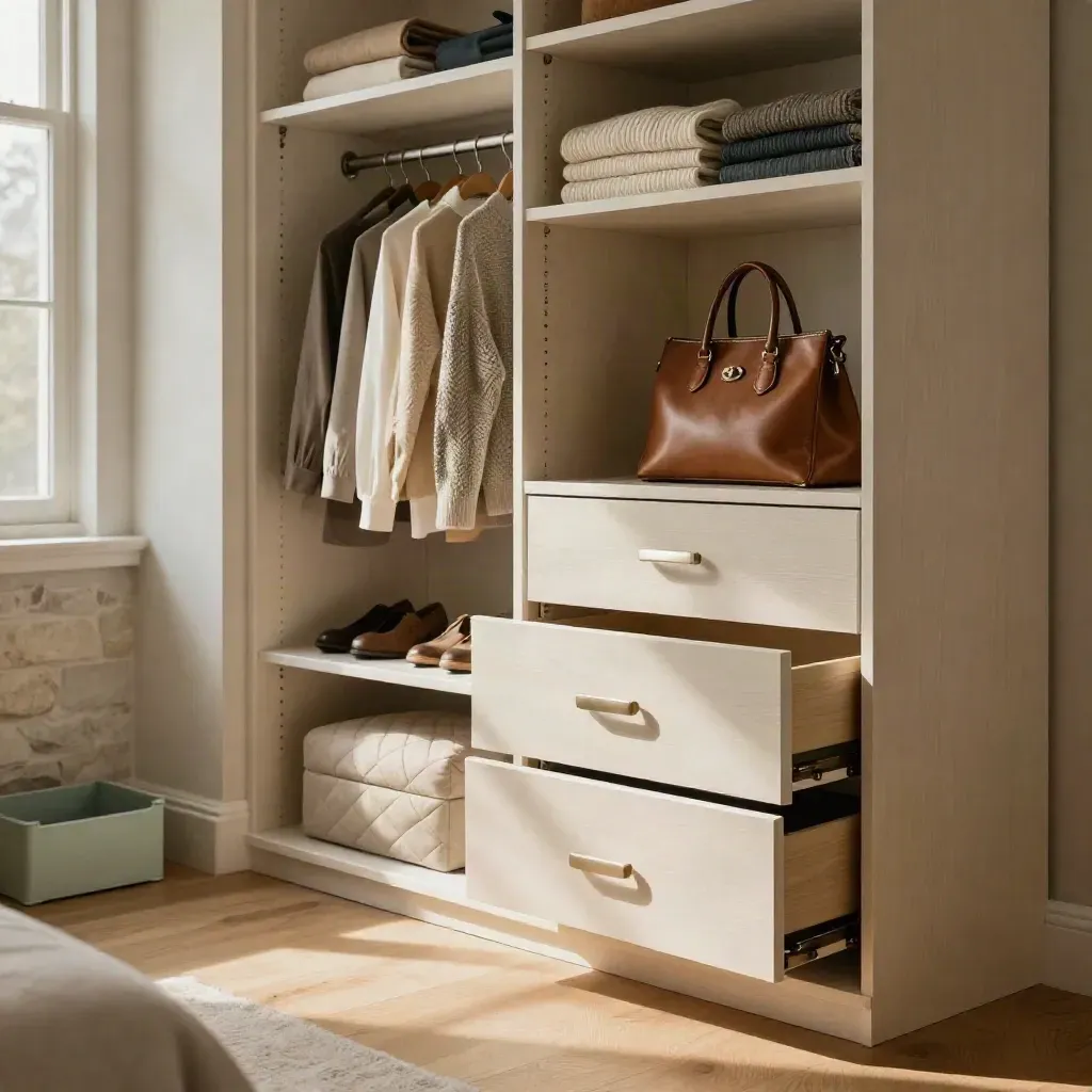 Heller Einbauschrank mit zonierten Fächern, Schuhen, Taschen, Hocker und offenen Schubladen.