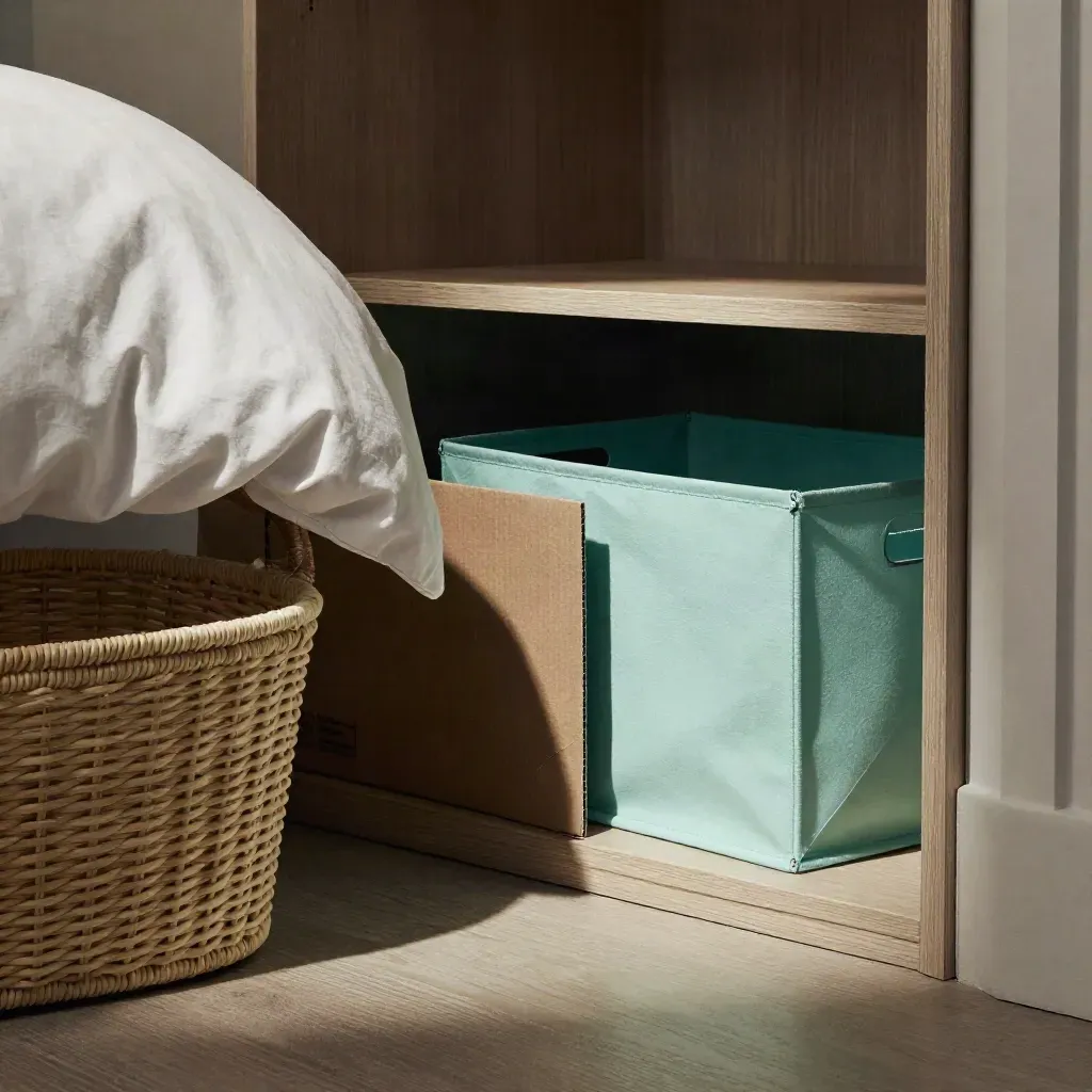 Bezugsfertiges Schlafzimmer mit Bett, Kleiderschrank, Kartons und aufgeräumter Diele.