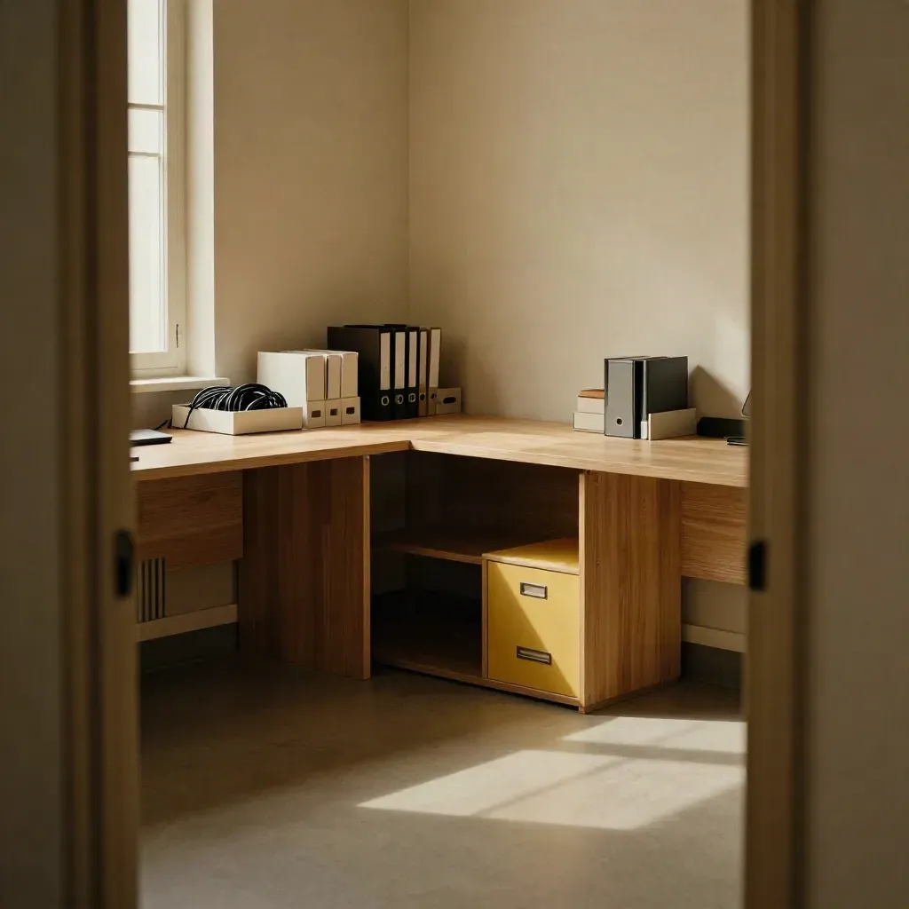 Kleines Büro mit zwei getrennten Arbeitsplätzen, Kabeln, Aktenboxen und freiem Mittelgang.
