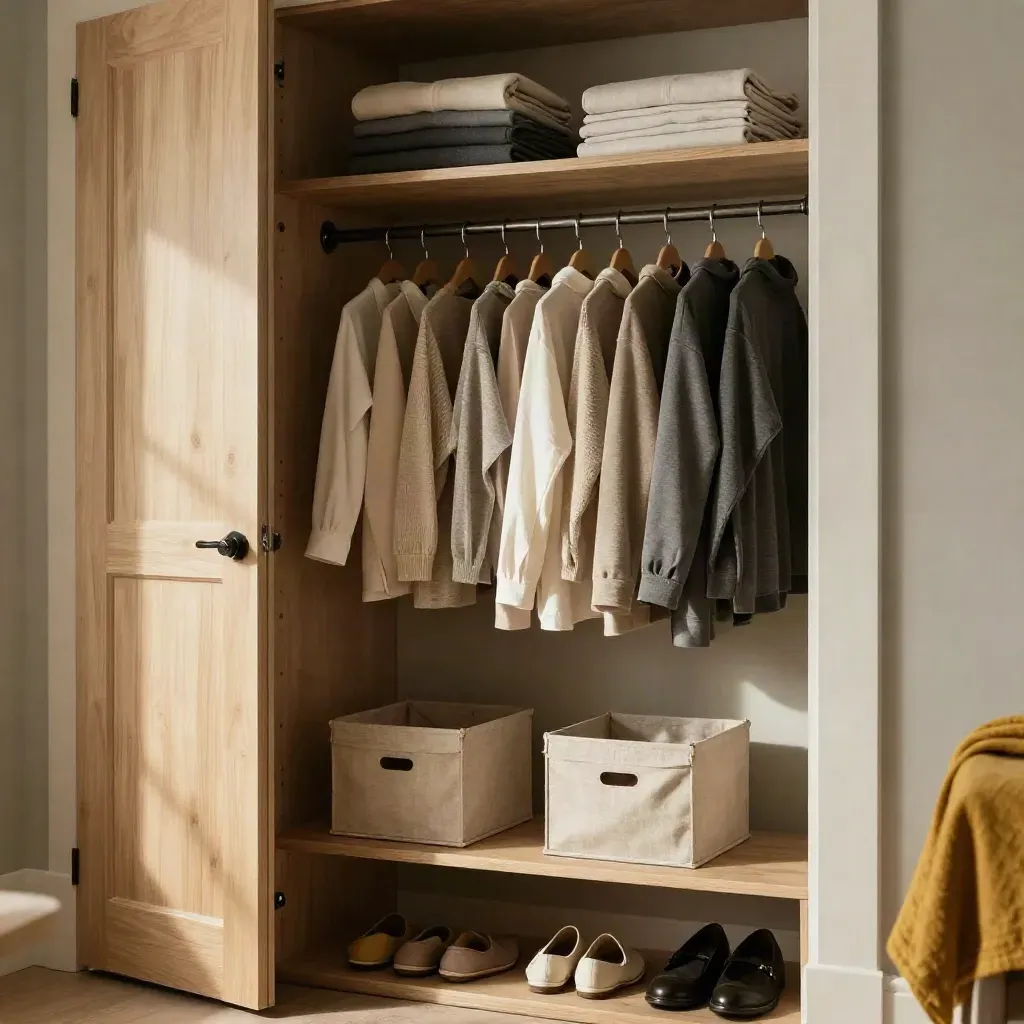 Ordentlicher Familienkleiderschrank mit freien Boxen und Schuhbank im warmen Morgenlicht.