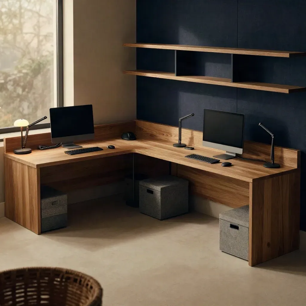 Leises Homeoffice mit zwei Arbeitsplätzen, klaren Kabeln und Stauraumboxen