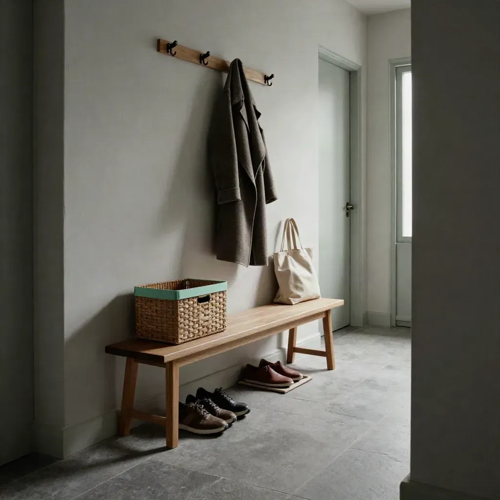 Schmaler Flur mit Schuhbank, Haken und Körben in ruhigem Mint- und Naturholzton.