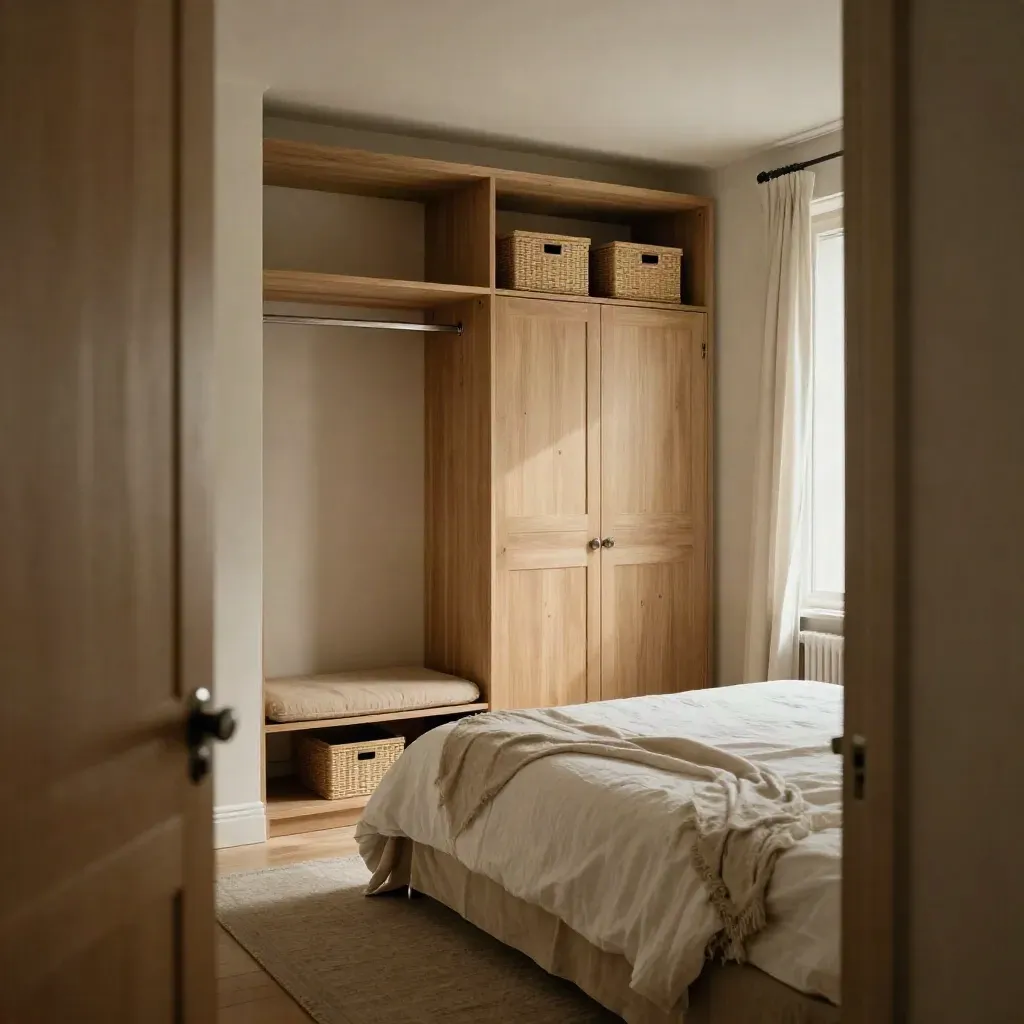 Eingerichtete neue Wohnung mit Bett, Garderobe und aufgeräumter Diele im warmen Tageslicht.