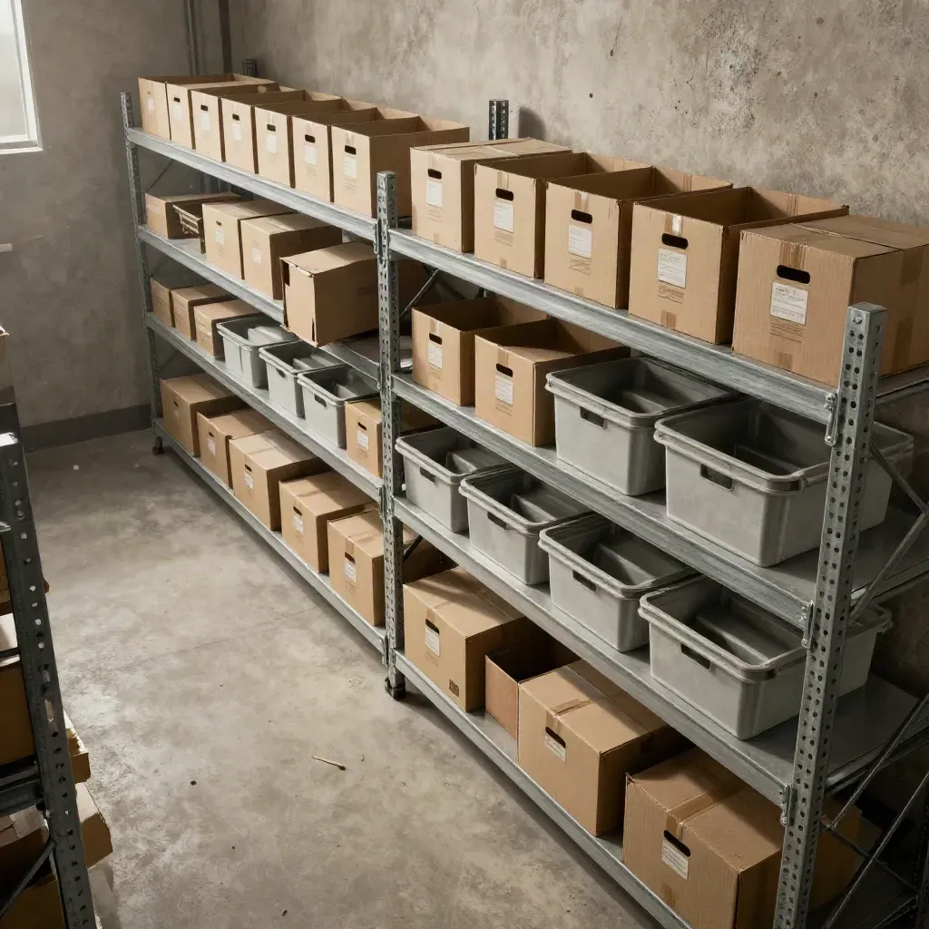 Schräger Blick in einen aufgeräumten Lagerraum mit hohen Regalen und Boxreihen