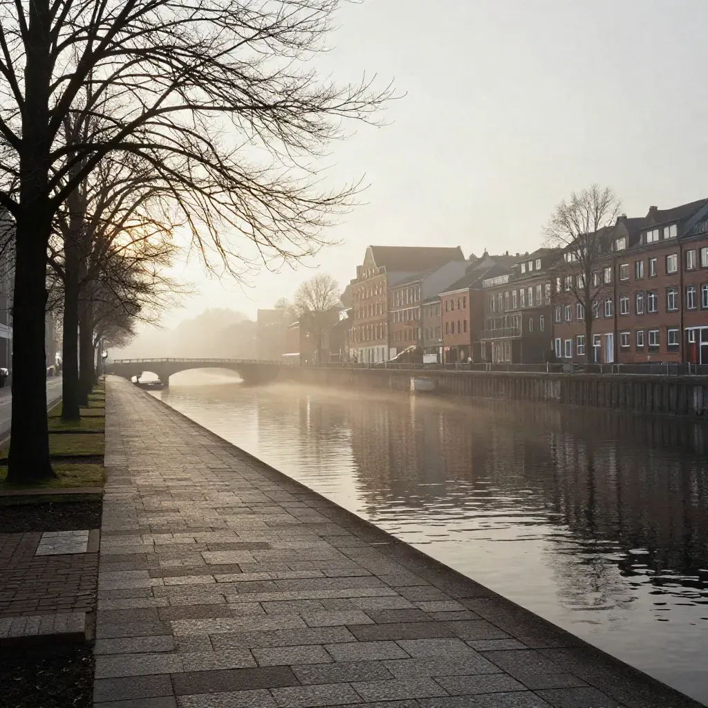 Morgennebel über dem Alsterkanal in Hamburg Nord mit Backstein und Baumkronen.