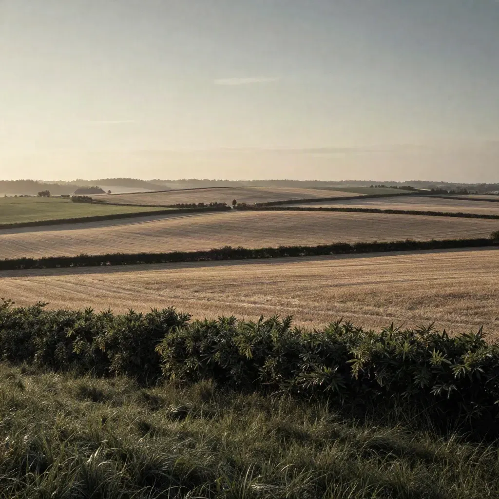 Holstein-Landschaft mit Knicks, Feldern, fernem Hofdach und warmem Spätsommerdunst.