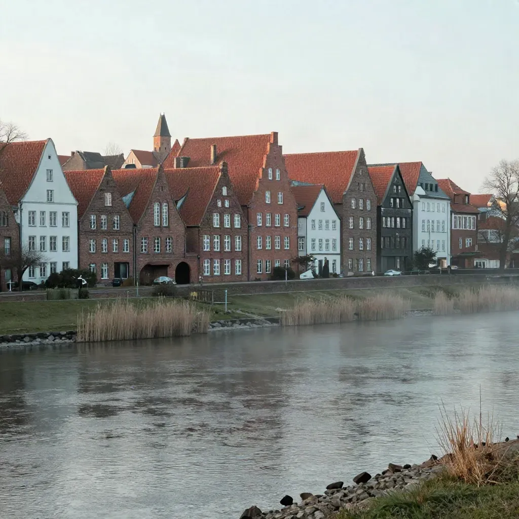 Lüneburg im Morgennebel, rote Giebel über ruhigem Wasser, viel freie Fläche für Text